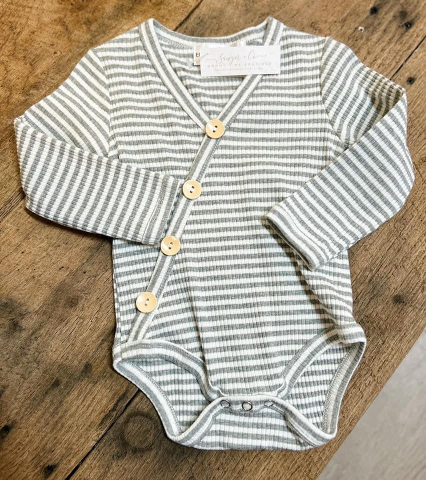 Grey and White Striped Button Onesie - Sawyer + Co.