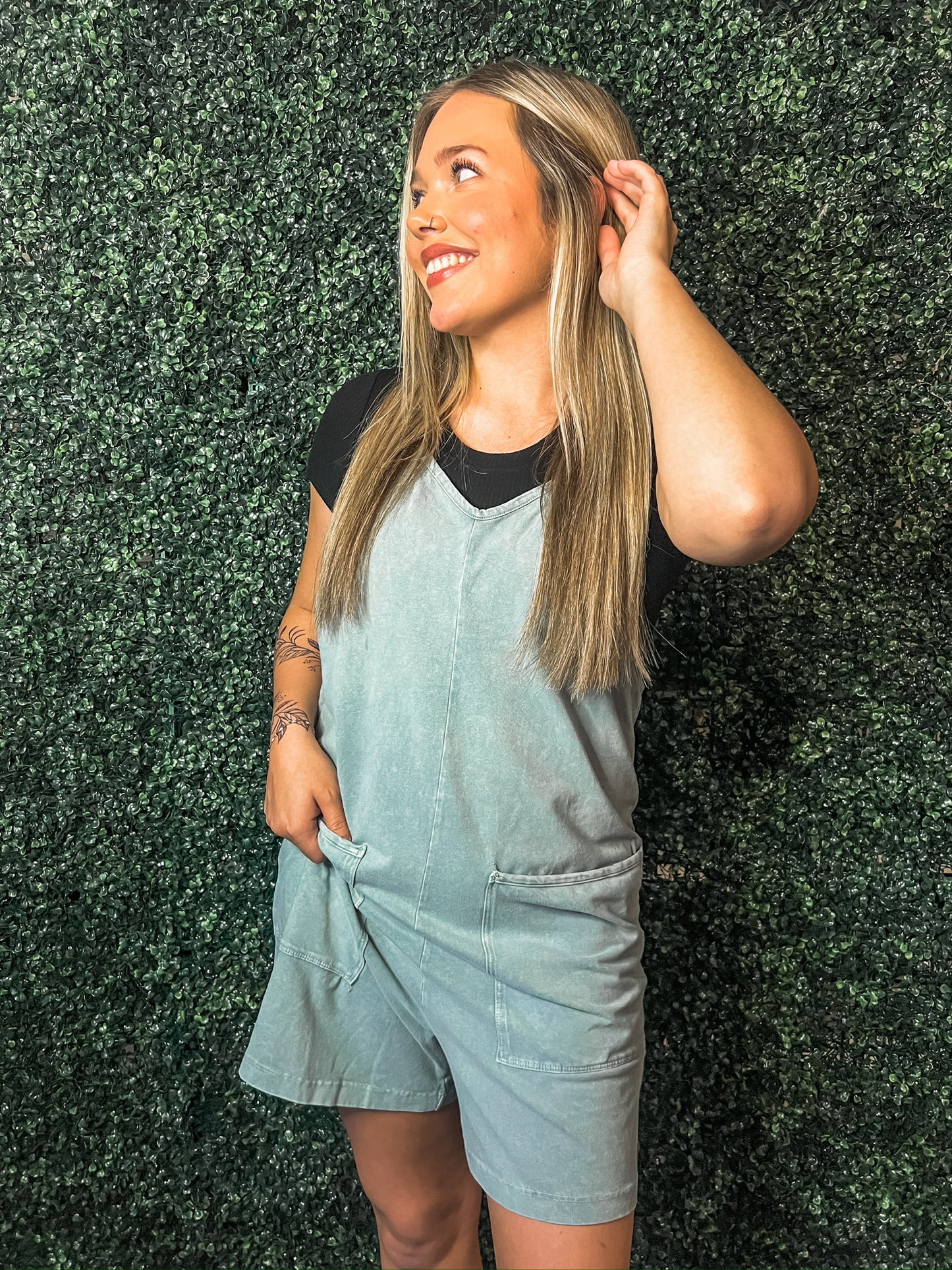 Mineral Wash Romper Olive