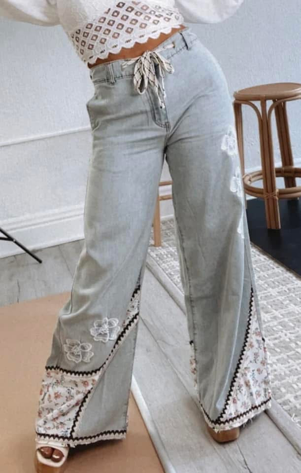 POL Floral Patchwork Embroidered Denim